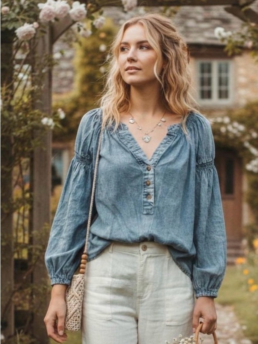 Jane and Delancey Washed Blue Button-Front Peasant Top